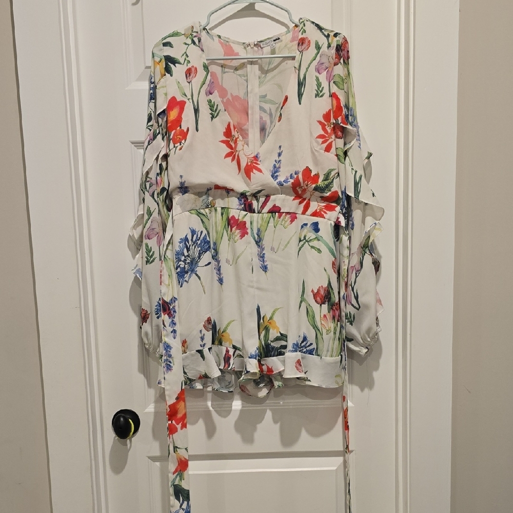 Fashion Nova White Floral V-Neck Tie-Waist Blouse with Red, Blue & Green Accents